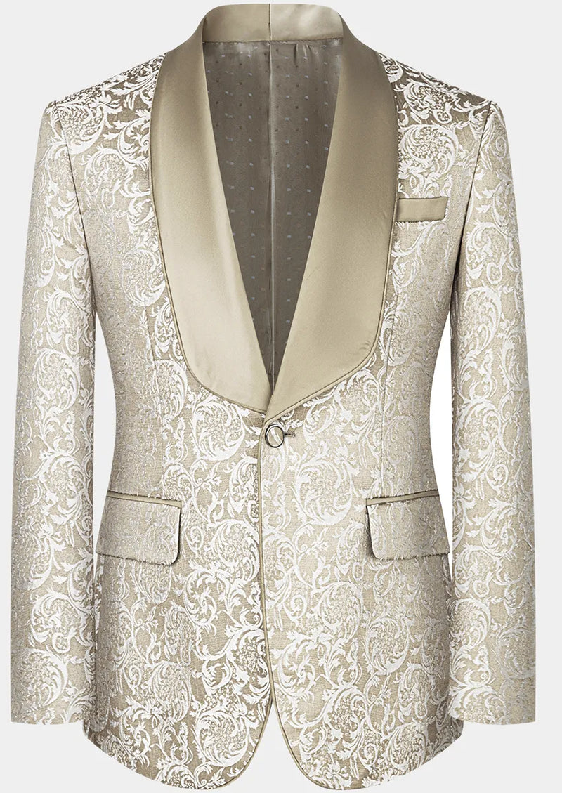 Costume de mariage 3 pièces pour homme en jacquard damassé champagne