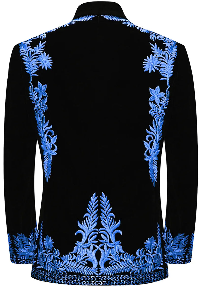 Men's Luxury Navy Embroidered Black Velvet Tuxedo