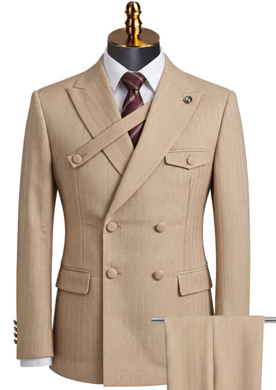 Men's 2-Piece Collar with Decorative Stripe Champagne Casual Suit