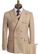 Men's 2-Piece Collar with Decorative Stripe Champagne Casual Suit
