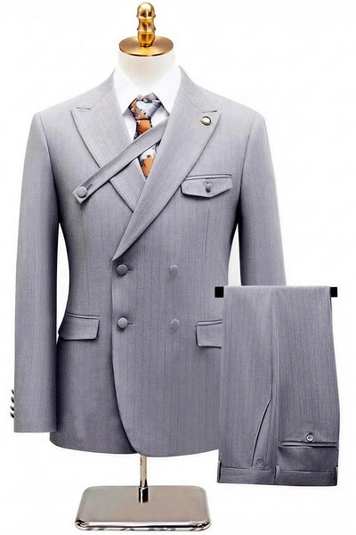 Men's 2-Piece Collar with Decorative Stripe Gray Casual Suit