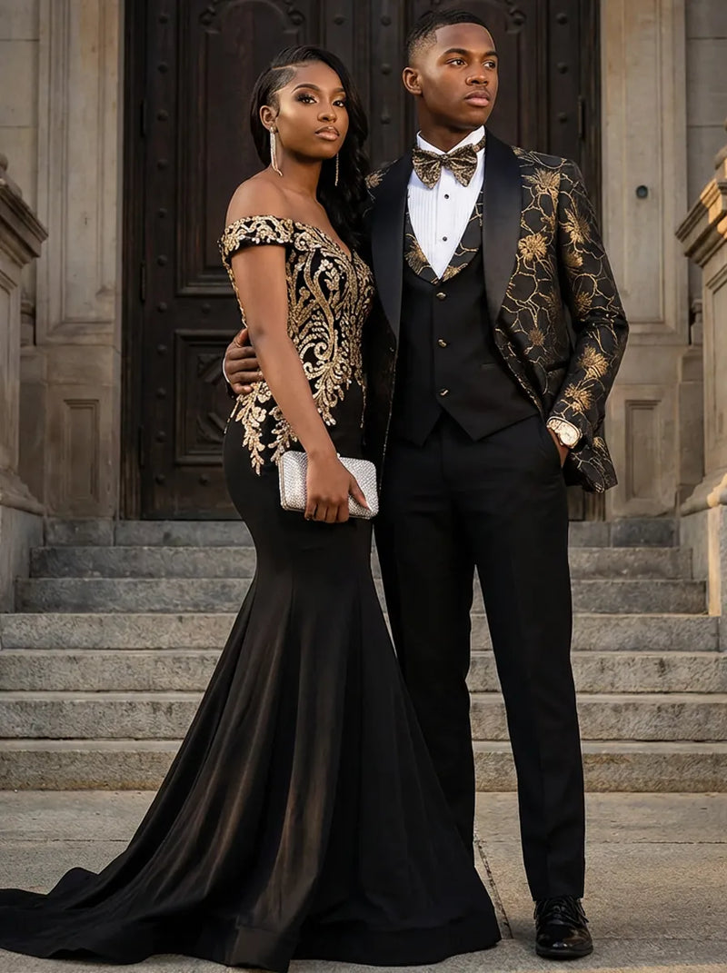 all black dress suit Men's 3-Piece Gold Jacquard Wedding Hidden recommendation Crafted from linen Linen Boat Neck Dress Train Length:Floor Length