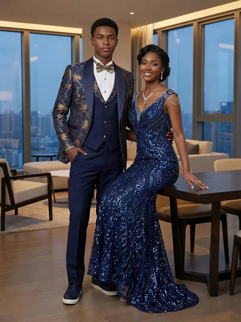 Tuxedo Action Men's 3-Piece Gold Jacquard Navy Blue Wedding Suit, Navy / 44R