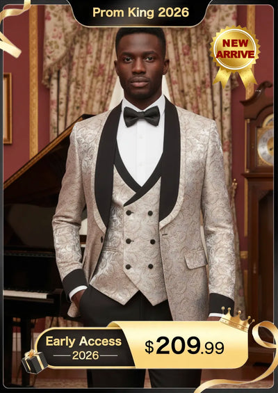 Men's 3-Piece Shawl Collar Leaf Jacquard Beige Tuxedo Set