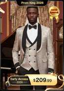 Conjunto de esmoquin beige de 3 piezas con cuello chal y estampado de hojas en jacquard para hombre