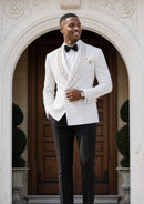 Men’s White Two-Piece Floral Jacquard Tuxedo Set with Hotfix Crystal Shawl Collar