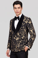 Black & Gold Paisley Jacquard Tuxedo with Velvet Trim (2-Piece)