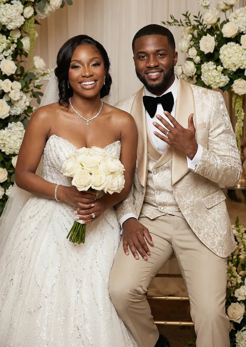 champagne dress and grey suit Light Grey Suit
