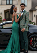 Men's 3-Piece Vintage Style Gold Damask Jacquard Green Suit