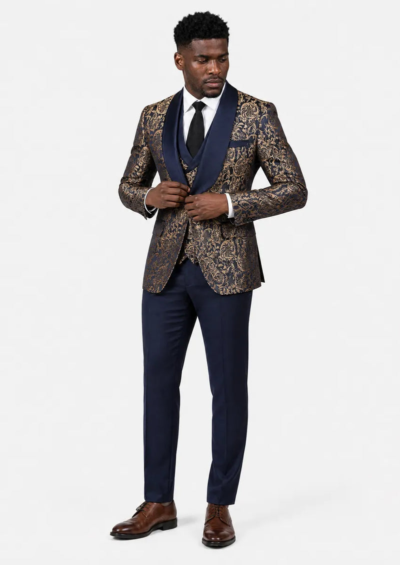 navy blue suit and gold dress Vintage Damask Tuxedo (3-Piece) birthday outfit ideas