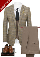 Men's 3-Piece One Button Fashionable Plaid Brown Suit
