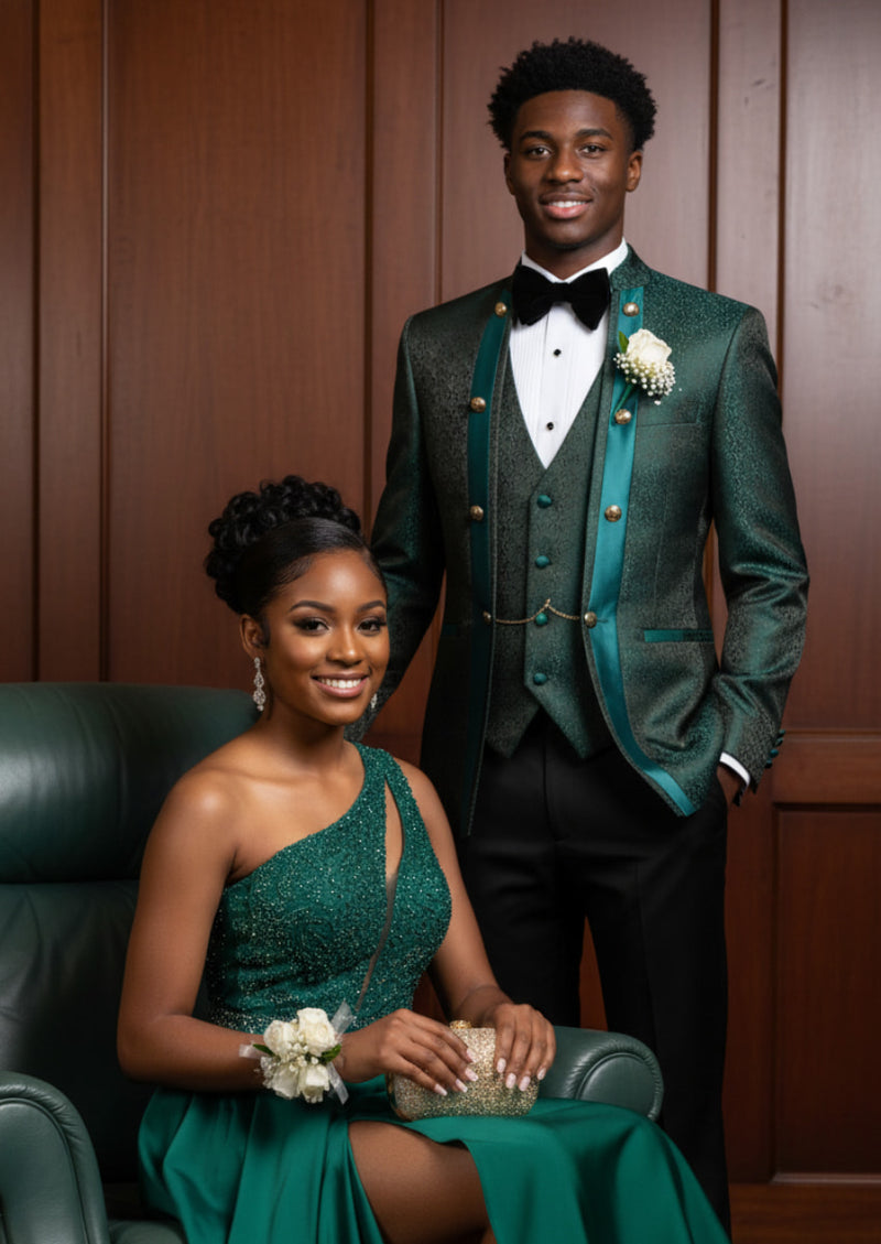 Men's 3-Piece Traditional Collar Green Paisley Fitted Party Suit Men's 3-Piece Traditional Collar Green Paisley Fitted Party Suit