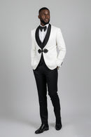 Men's 3-Piece Black Lapel Floral Jacquard White Tuxedo
