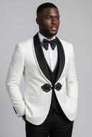 Men's 3-Piece Black Lapel Floral Jacquard White Tuxedo
