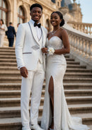 Esmoquin blanco de tres piezas con solapa chal y estampado floral de jacquard para hombre