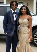 Esmoquin de boda azul oscuro de 3 piezas con adornos de diamantes de imitación para hombre