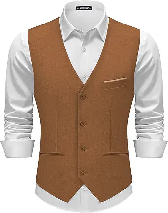 Men's Classic Brown Suit Vest Slim Fit Formal Waistcoat