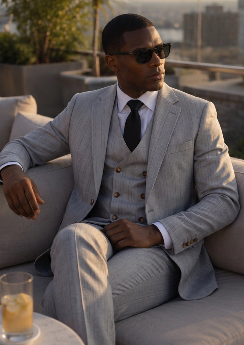 Men's 3-Piece Two Button Groom's Pinstripe Light Gray Suit