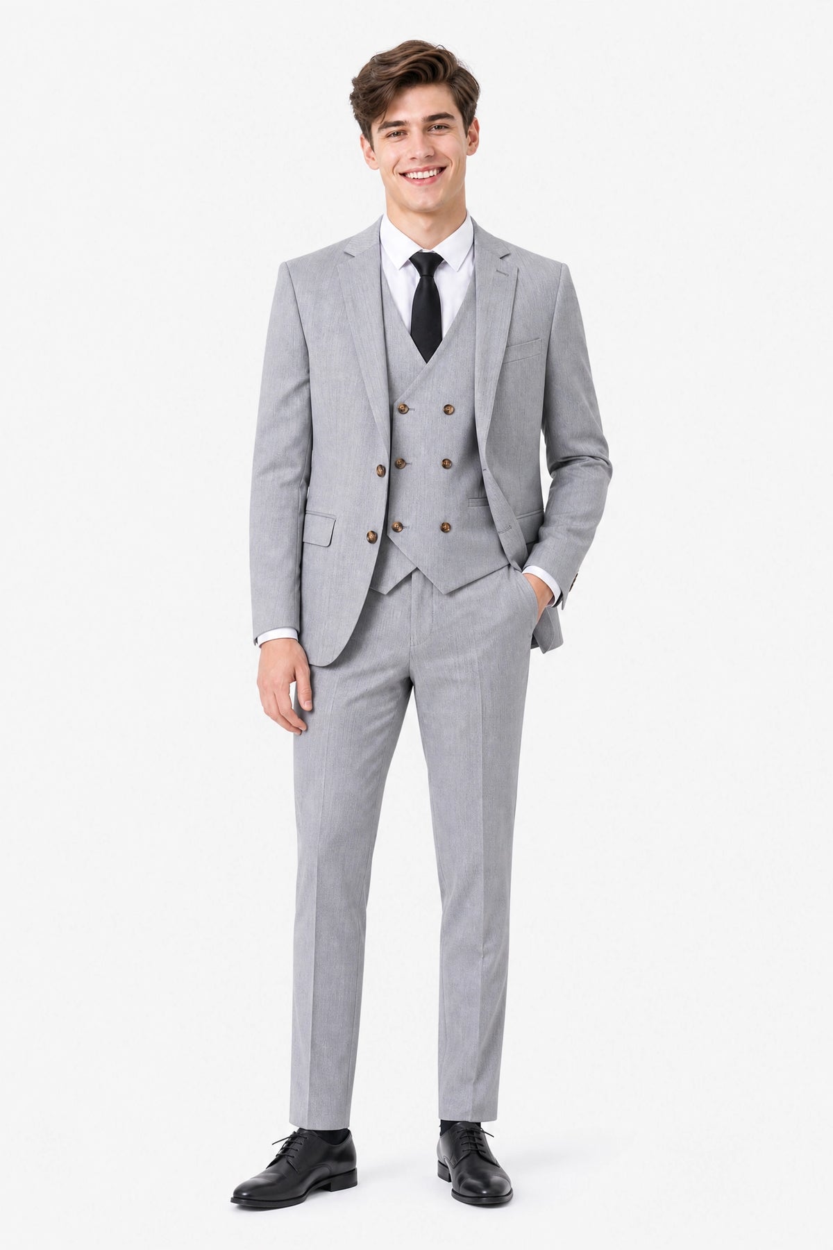 Men's 3-Piece Two Button Groom's Pinstripe Light Gray Suit
