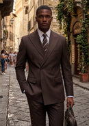 Men's 2-Piece Shadow Stripe Double-breasted Dark Brown Suit