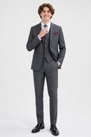 Men's 3-Piece Slim Fit Windowpane Plaid Gray Suit
