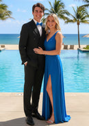 Traje negro cruzado de dos piezas y corte entallado para hombre