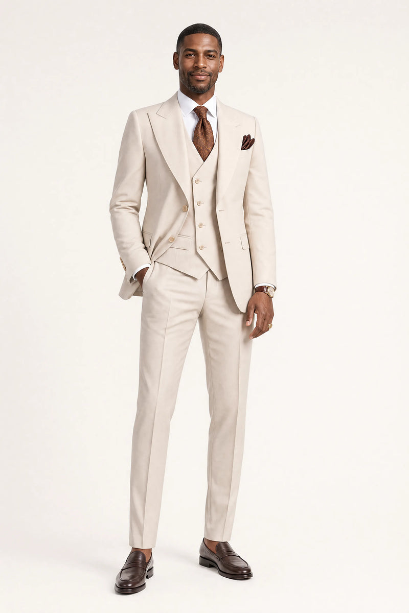 Men's 3-piece Barge Collar Beige Suit