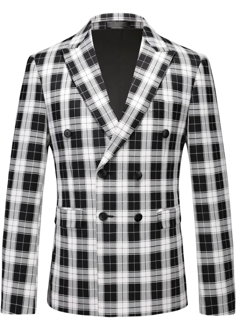 Men's Black And White Plaid Double-breasted Single-Western Jacket