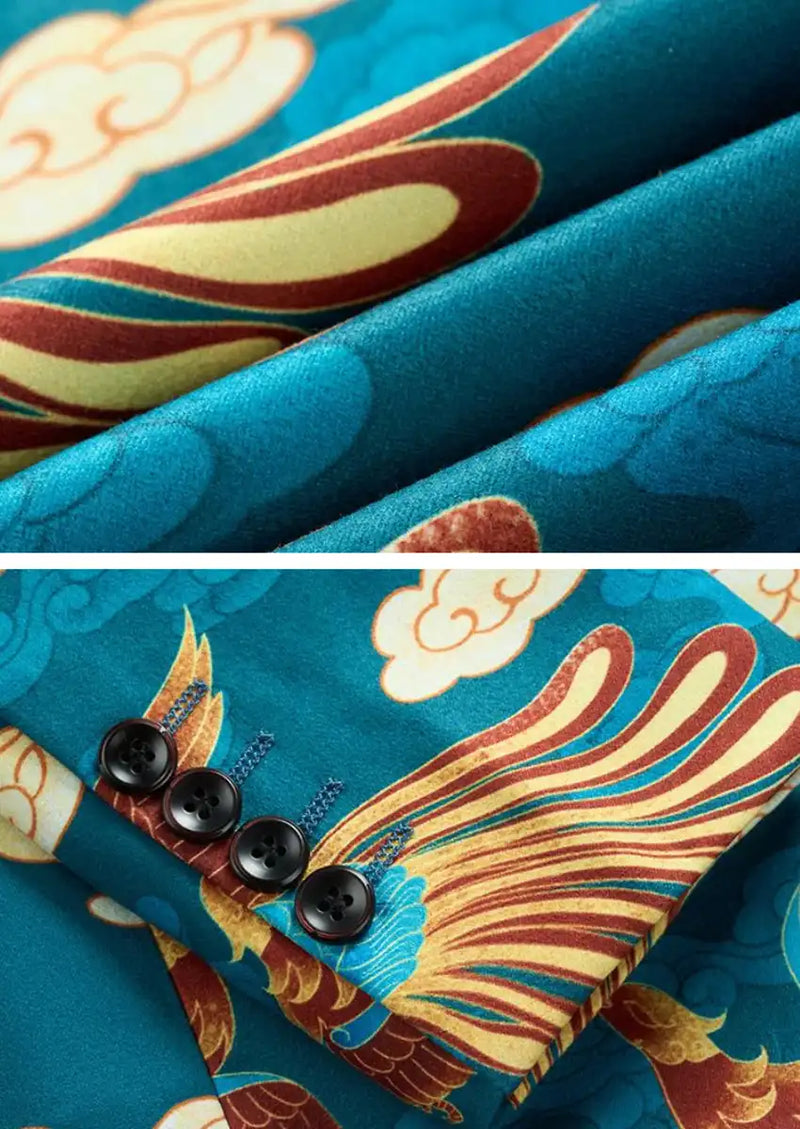Men's Blue Tuxedo Featuring Phoenix and Cloud Motif with Notched Lapel