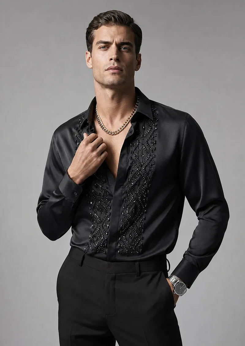 Tuxedo Action Men's Hand-Sewn Beaded Dress Shirt – Hidden Placket, Slim Fit, Black / 34R