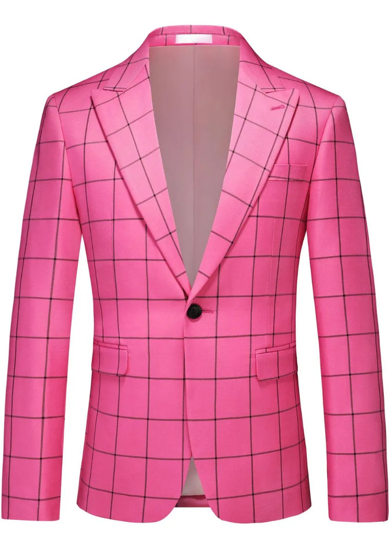 Men’s Slim Fit Pink Plaid One Button Casual Blazer