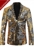 Men's V-neck Full Sequin Golden Tuxedo with Silver Geometric Patterns