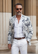 Esmoquin blanco y negro con estampado de periódico para hombre