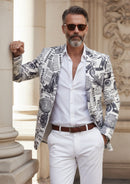 Esmoquin blanco y negro con estampado de periódico para hombre