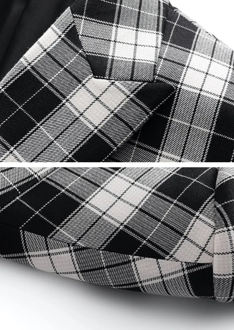 Men's Black And White Plaid Double-breasted Single-Western Jacket