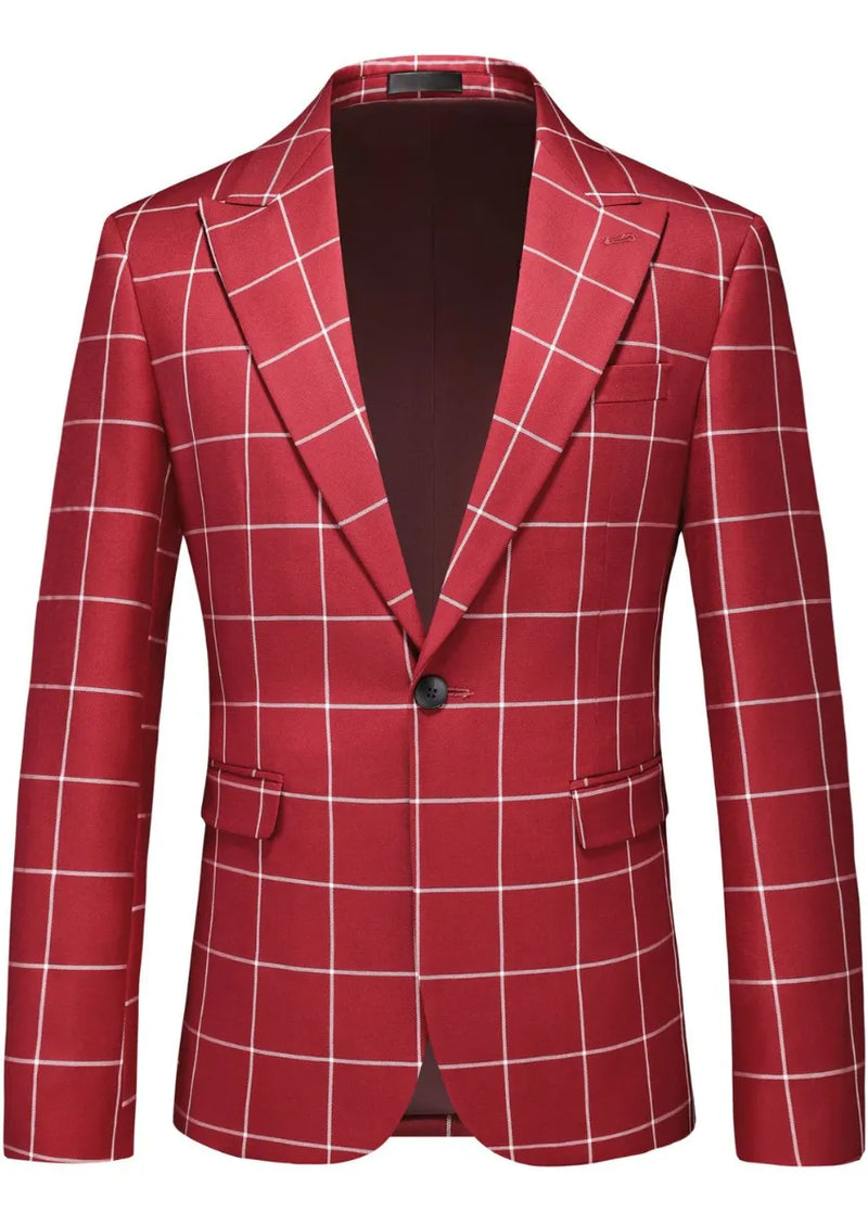 Men’s Slim Fit Red Plaid One Button Casual Blazer