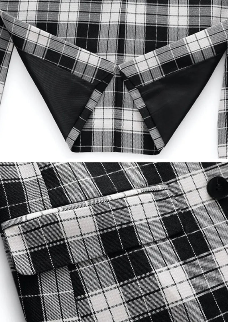 Men's Black And White Plaid Double-breasted Single-Western Jacket