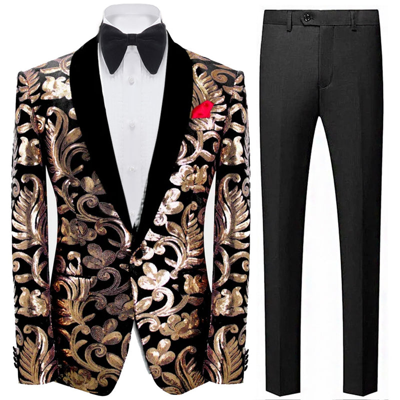 Men's Golden Blossom Black Sequin Tuxedo Jacket