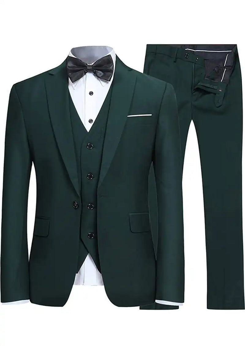 Traje verde oscuro de 3 piezas para hombre, elegante, de un solo botón