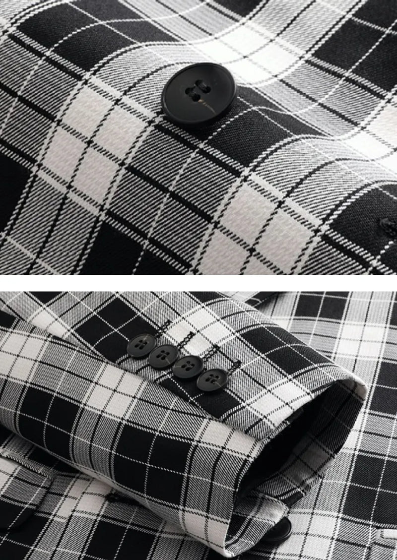 Men's Black And White Plaid Double-breasted Single-Western Jacket