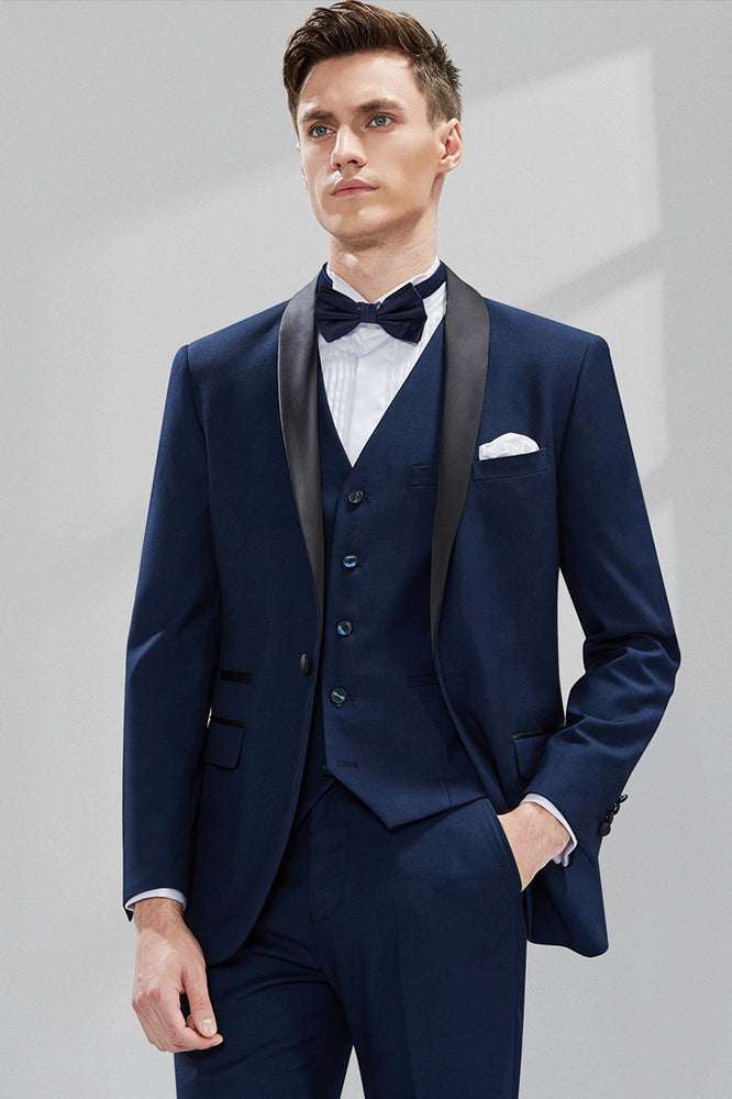 Men's 3-Piece Classic Groom Dresses Navy Blue Groomsmen Suit