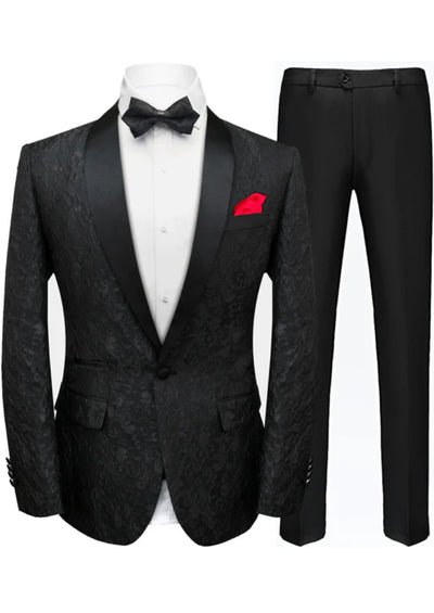Men's 2-Piece Jacquard Embroidery Paisley Black Suit