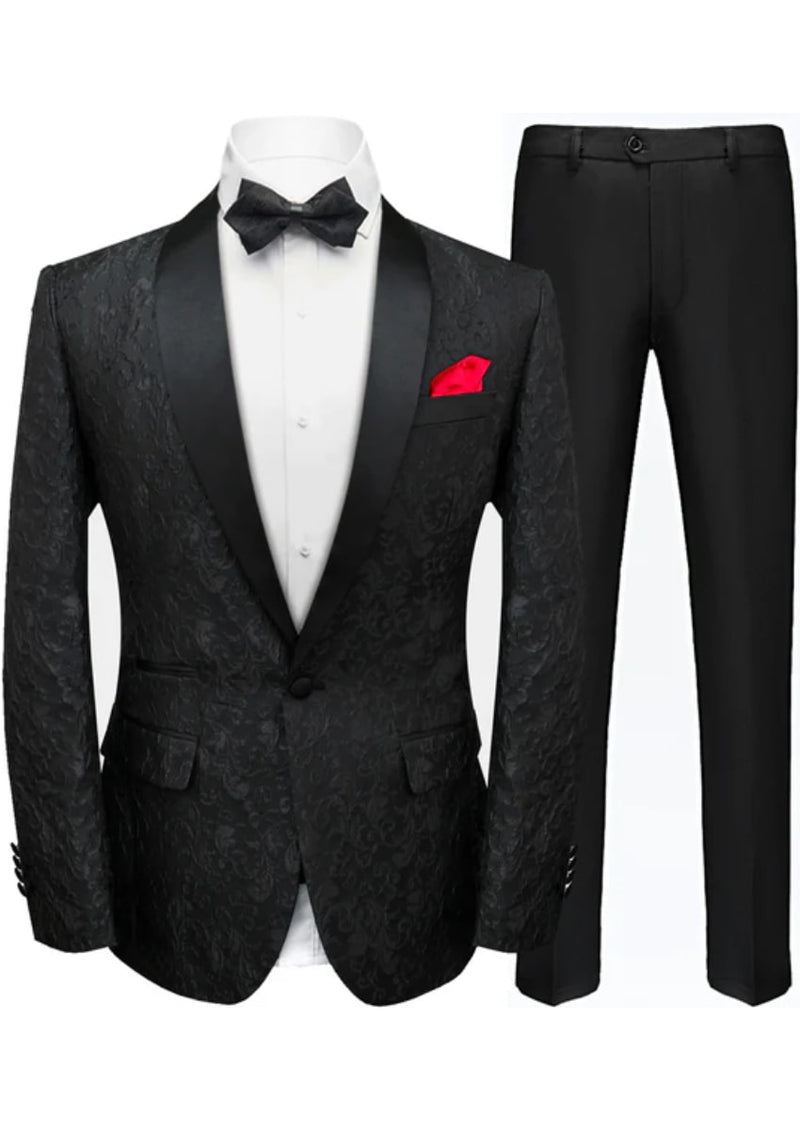 Men's 2-Piece Jacquard Embroidery Paisley Black Suit