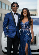 Men's 2-Piece Jacquard Embroidery Paisley Navy Blue Tuxedo