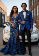 Men's 2-Piece Jacquard Embroidery Paisley Navy Blue Tuxedo