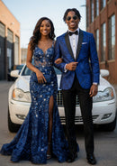 Men's 2-Piece Jacquard Embroidery Paisley Navy Blue Suit
