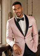 Blush Pink Floral Jacquard Tuxedo with Black Lapel (2-Piece)