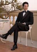Black Satin Peak Lapel Double-Breasted Tuxedo (2-Piece)