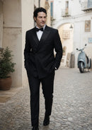 Black Satin Peak Lapel Double-Breasted Tuxedo (2-Piece)