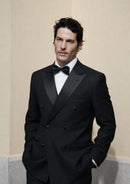 Black Satin Peak Lapel Double-Breasted Tuxedo (2-Piece)